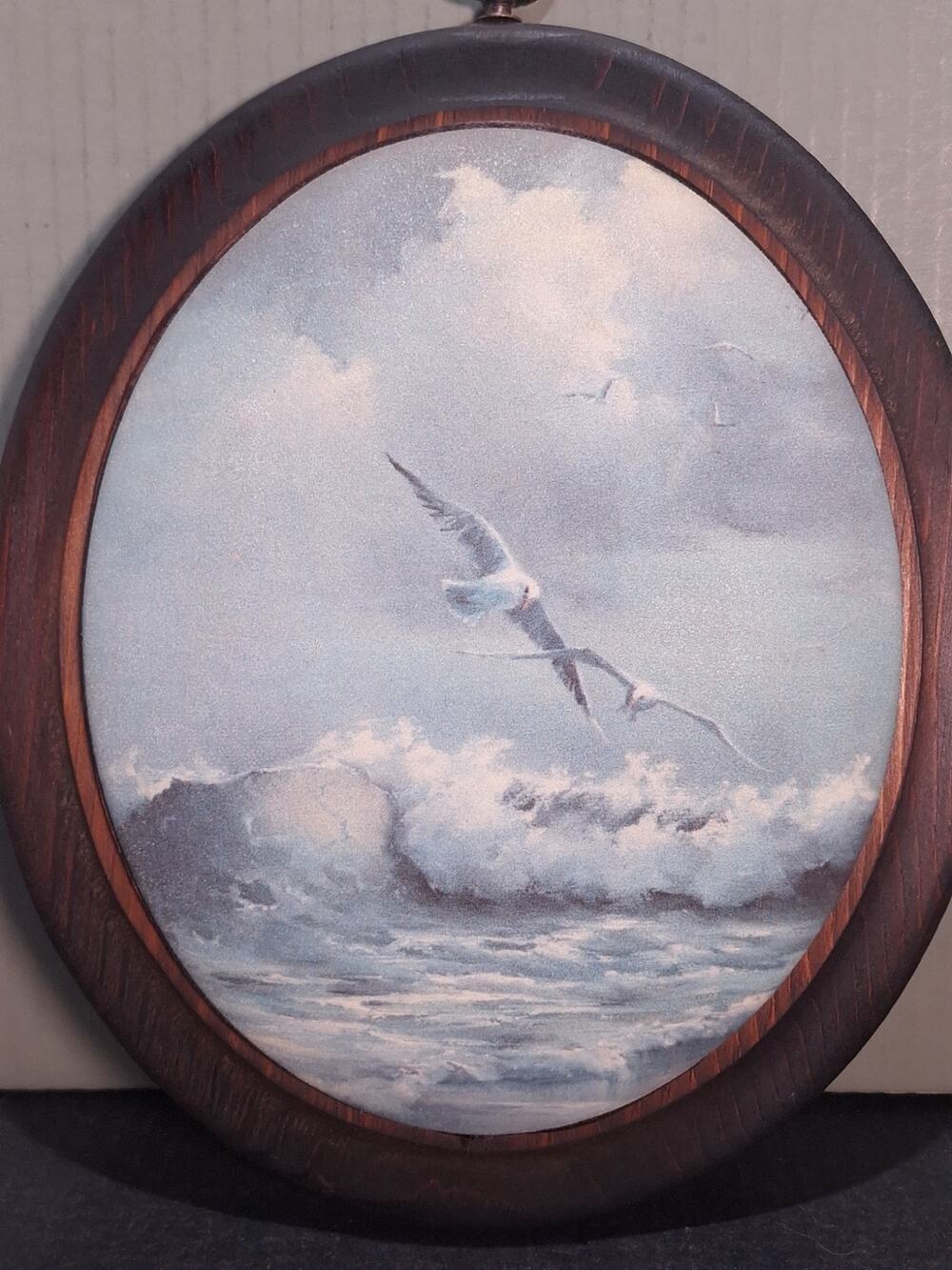 Pams Pleasantries Beaded Glass Plaque Seagulls Ocean Waves Oval Wall Art 12x10.5